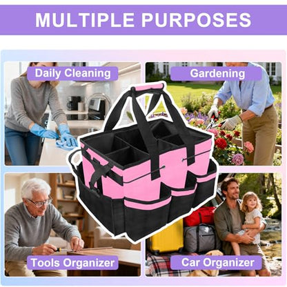 ALSLEA Cleaning Caddy Bag Heavy-Duty Organizer Tote for Housekeepers, Janitors & Home Cleaning Supplies with Adjustable Shoulder Strap & Multiple Pockets (Pink)