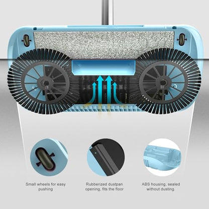 Floor Sweeper, Stainless Steel Dual Brush 180 Degree Rotating Hand Push Sweeper, Non Electric with Sealed Dustbin for Hardwood Tile Marble Floors Pet Hair Dust (Blue) - color: Blue