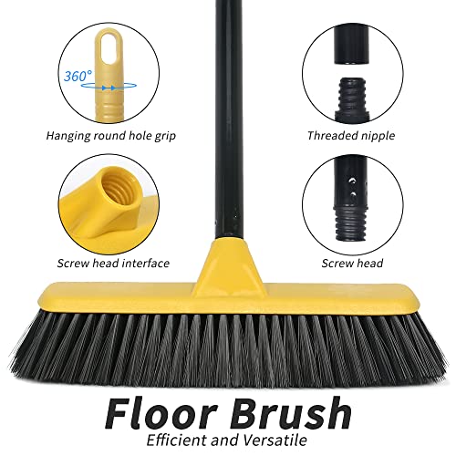 Push Broom with Long Handle, Floor Brush 51.6 inch Soft Bristle Broom 12.2" Wide for Cleaning Bathroom Kitchen Patio Garage Deck Tile - color: Black