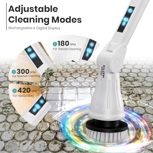 Electric Spin Scrubber – 8-in-1 Cordless Power Scrubber with 8 Brush Heads & Extendable Handle – Rechargeable Cleaning Brush for Bathroom, Shower, Tile, Grout, Tub & Floor