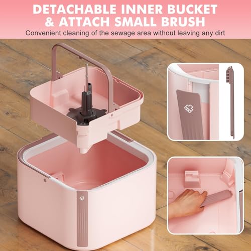Spin Mop and Bucket System Kit, Self-Separating Cleaning Soil, Foldable Square Mop Bucket Head with Washable Interchangeable Mop Pads, Pink (Mop Set with 6PC Pads) - size: 2.0 Mop and Bucket Set (6 pads)