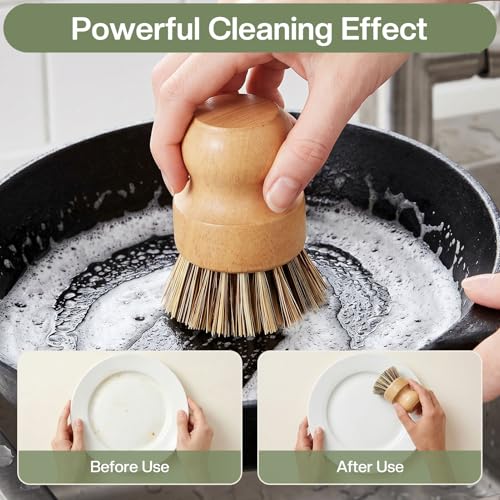 Wooden Dish Brush with Metal Stand Handheld Bamboo Wok Brush Scrubber for Dishes Pans Pots Fruit and Veggie Washing(1,Beige Brown) - color: Beige Brown