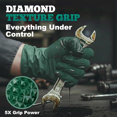 TitanFlex Heavy Duty Industrial Nitrile Gloves with Raised Diamond Texture, 8-mil, Latex Free (Green/Dark Green/Yellow) - color: 05 Dark Green (100ct), size: X-Large