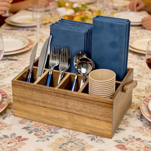 VaeFae Acacia Silverware Caddy with Handle, Wooden Utensil Holder, Mulip-pose Organizer for Kitchen, Office, Bathroom, Bedroom (Large, 5 compartments) - size: Large, 5 compartments