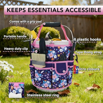 KUNN 5 Gallon Bucket Tool Organizer 18-Pocket Heavy-Duty Bucket Caddy with Hangable Handle & Comfort Grip Pad | Gardening Tool Bag, Garden Organizer Storage Bag Accessory for Gardeners, Purple - style: Purple Floral