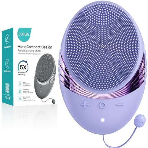 COSLUS FBS01 Facial Cleansing Brush Face Scrubber, Compact for Travel | Rechargeable, Gentle Silicone, 5 Cleansing Modes, Deep Cleaning for Men & Women, Removing Blackhead Exfoliating,Purple - color: Purple
