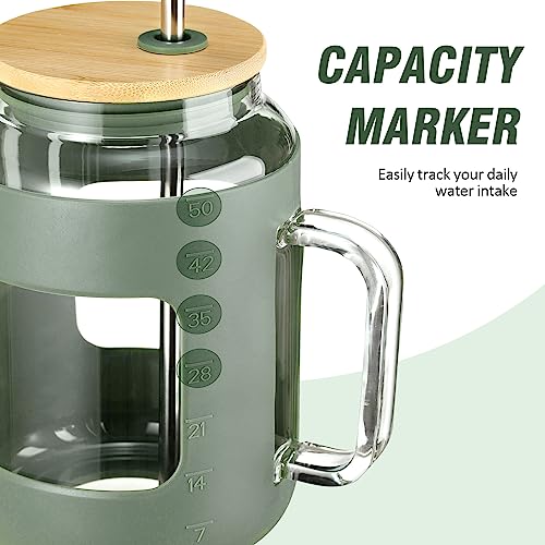 WINSA 50 oz Glass Water Bottles with Silicone Sleeve,Glass Tumbler with Lid and Straw,Iced Coffee Cup with Handle,BPA Free-Olive - color: Olive