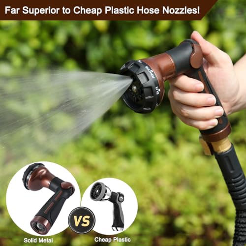 FANHAO Garden Hose Nozzle, 100% Heavy Duty Metal Water Hose Sprayer with 8 Spray Patterns, High Pressure Water Nozzle with Thumb Control, On Off Valve for Watering Plants, Washing Cars & Pets, Brown - color: Brown