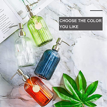 MOCLIF 16 OZ Soap Dispenser，Tempered Glass Clear Vertical Stripe with 304 Rust Proof Stainless Steel Pump Refillable Liquid Hand Soap Dispenser，for Bathroom, Kitchen, Dish Soap，Lotion (Blue Grey) - color: Blue Grey