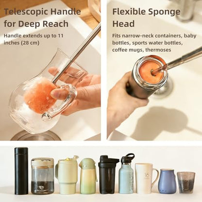 4-in-1 Portable Bottle Brush Cleaner Set, Water Bottle Cleaning Brush with Long Extendable Handle, Sponge Cup Brush, Rim & Crevice Brush, Travel Case for Baby Bottles, Tumblers, Glassware