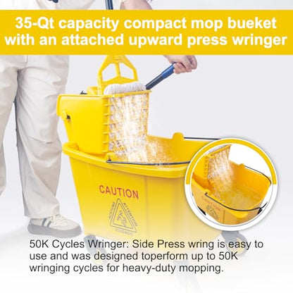 KeFanta 35 Quart Commercial Mop Bucket with Side Press Wringer on Wheels,Yellow,Include Heavy Duty Industrial Mop for Floor Cleaning,Household,Business,Restaurants and Janitorial Use