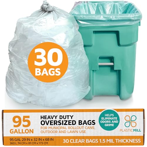 PlasticMill Heavy Duty Trash Bags - Clear Garbage Bags - Plastic Rubbish Sacs for Large Rolling Trash Bins - Tall Plastic Bags - 95-Gallon Large Kitchen Trash Bags, 1.5 Mil, 61"x68" (30-Count) - size: 1 Count (Pack of 30)