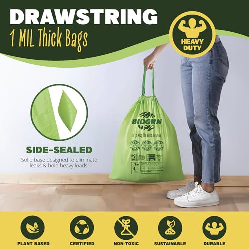 10-13 Gallon Compostable Trash Bags Drawstring 30 Bags Heavy Duty Extra Thick 1 Mil 49.21 Liter Biodegradable Trash Bags Compost Bags Green for Kitchen ASTM D6400 US BPI and OK Compost Home Certified - color: 13 Gal, Drawstring Bags, 30 Count