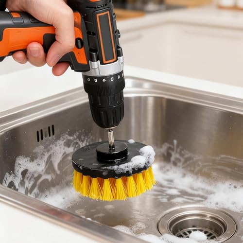 6Pcs Drill Brush Attachment Set, Power Scrubber Cleaning Kit with Extended Reach Attachment, Medium Stiffness Nylon Bristles for Bathroom Grout, Tile, Tub, Shower, Kitchen, Car, Universal Fit