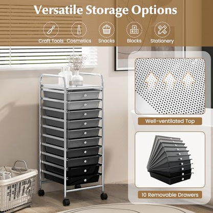 DREAMADE Rolling Cart with Storage Drawers, Utility Cart with Removable Plastic Drawers, Lockable Wheels, Art Cart for Classroom Organization Art Supplies Office Scrapbook (10 Drawers, Mixed-black) - color: Mixed-black, style: 10 Drawers