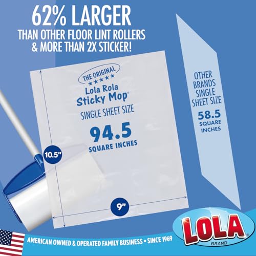 LOLA Rola PET Hair Remover Sticky Mop, Giant Floor Lint Roller, 9" x 3.5", Aluminum Handle, Largest Head, Traps Hair, Dust, Dirt, Extra Sticky Sheets - size: 1 Set, style: Mop 4-Pc Aluminum Handle