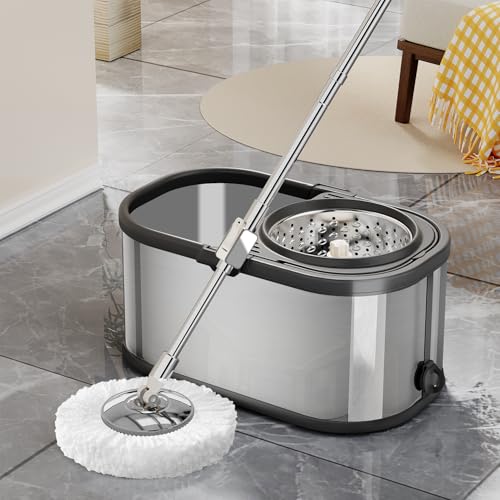Spin Mop and Bucket with Wringer Set for Home,360° Mop and Bucket with Separate Clean and Dirty Water,Wet Dust Mop for Floor Cleaning with Extra Refills (Silver) - color: Silver-1