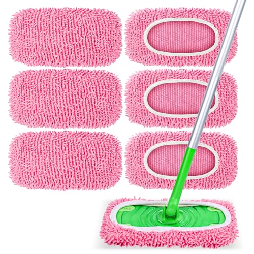 6 Pack Reusable Mop Pads Compatible with Swiffer Sweeper, Chenille Mop Refill Pads, Dry & Wet Mopping Cloths for Floor Cleaning -Pink - color: Pink