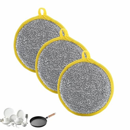 Double Sided Kitchen Sponges for Dishes, Round Scrubbing Pads with Steel Wire Nylon and High Elasticity Sponge, Non Scratch Cleaning Pads with Hanging Loop for Dishes, Pots, Sinks & Bathroom