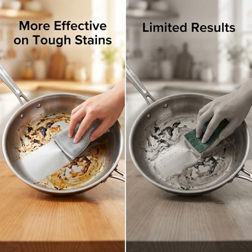 Metal Dish Cloth, Non Scratch Steel Wool Scrubber for Wet and Dry Cleaning, Reusable Single Layer Design for Dishes Sinks Stove Tops and Nonstick Cookware, Silver 5 Pack