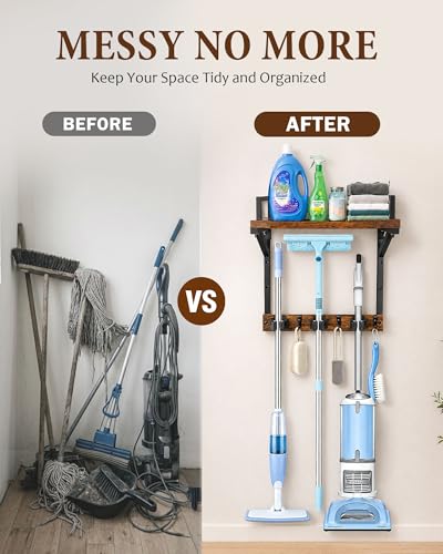 Lorbro Broom Holder Wall Mount with Cleaning Supplies Storage, Heavy Duty Broom and Mop Organizer Wall Hanging, Wooden Mop Organizer Hanger, 3 in 1 Storage Shelves for Laundry Room, Garage, Closet - size: Medium