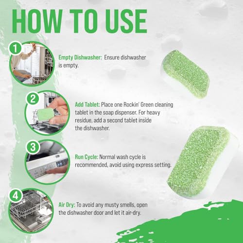 Rockin' Green Deep Cleaning and Deodorizing Tablets for Dishwashers, Washing Machines, and Garbage Disposals, Removes Odor and Residue (Dishwasher Cleaning Tablets, 8 Pack) - size: 1 Count (Pack of 8), style: Dishwasher Cleaning Tablets
