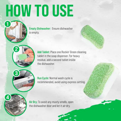 Rockin' Green Deep Cleaning and Deodorizing Tablets for Dishwashers, Washing Machines, and Garbage Disposals, Removes Odor and Residue (Dishwasher Cleaning Tablets, 8 Pack) - size: 1 Count (Pack of 8), style: Dishwasher Cleaning Tablets
