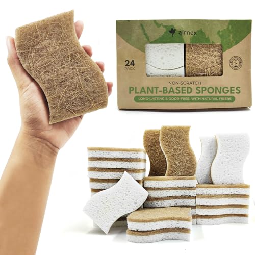 AIRNEX Natural Kitchen Sponges (24 Pack) - Biodegradable Cellulose & Coconut Scrubber Dish Sponges for Kitchen - Eco-Friendly, Non Scratch, Compostable, Non Toxic S-Shaped Natural Sponges for Dishes - size: 24