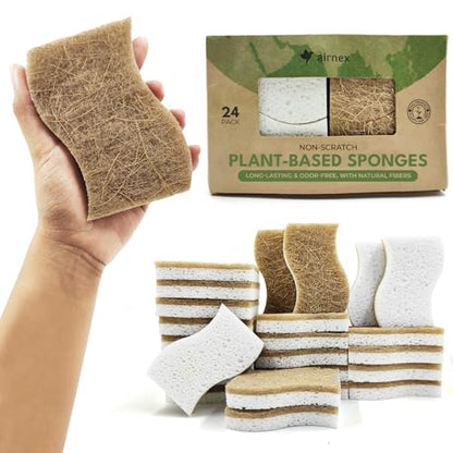 AIRNEX Natural Kitchen Sponges (24 Pack) - Biodegradable Cellulose & Coconut Scrubber Dish Sponges for Kitchen - Eco-Friendly, Non Scratch, Compostable, Non Toxic S-Shaped Natural Sponges for Dishes - size: 24