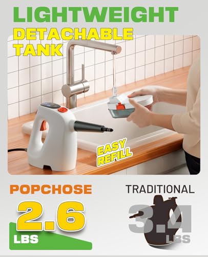 POPCHOSE Steam Cleaner with Detergent Dispenser, 15s Heat-Up Handheld Steam Cleaner for Home, Removable Water Tank - color: WhiteOrange