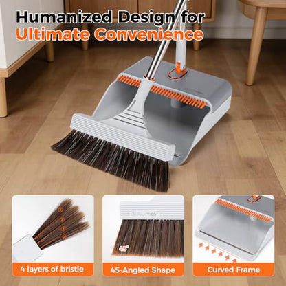 Broom and Dustpan Set with Adjustable Handle, Upright Design, Built-in Comb Teeth, Mint Green, for Home Office Hardwood Floors Pet Hair (Silver/Gray) - color: Silver/Gray