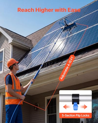 VEVOR Solar Panel Cleaning Kit, 15 ft, Water Fed Pole Kit with Cleaning Brush, Squeegee, Soap Dispenser, Extendable Aluminum Telescopic Pole, 180° Rotatable Brush Head, for Roof Mounted Solar Panels - size: 15 Ft