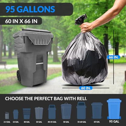 Reli. 95 Gallon Trash Bags Heavy Duty (15 Count) | Black | Twist Ties Included | Extra Tough, Leak-Proof Garbage Bags | Ideal for Large Clean Ups