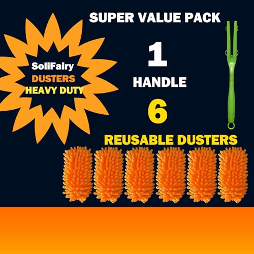 Reusable Duster for Swiffer, 6 Refills + 1 Handle, Orange | 360 Heavy Duty Duster Refill, Compatible with Swiffer Hand Dusters, For Dusting Furniture, Blinds, Ceiling Fans, Walls - size: 6 dusters + 1 Handle Orange