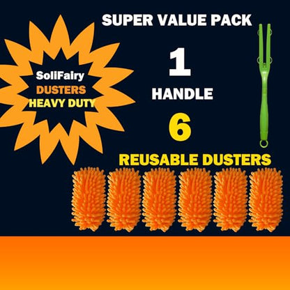 Reusable Duster for Swiffer, 6 Refills + 1 Handle, Orange | 360 Heavy Duty Duster Refill, Compatible with Swiffer Hand Dusters, For Dusting Furniture, Blinds, Ceiling Fans, Walls - size: 6 dusters + 1 Handle Orange