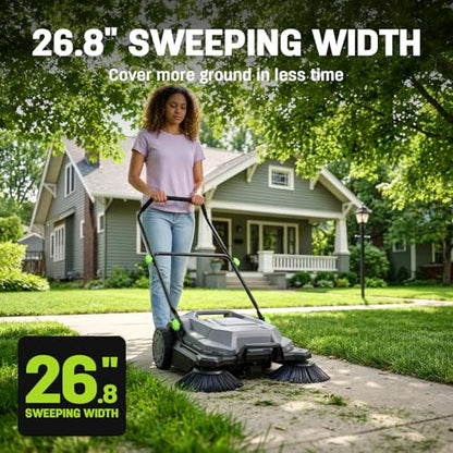 STEELITE Walk-Behind Hand Push Floor Sweeper, 26.8" Sweeping Width Floor Sweeper Manual Non-Electric, 6.35 Gal Waste Container, Angle & Height Adjustable Folding Handle for Walkway, Yard