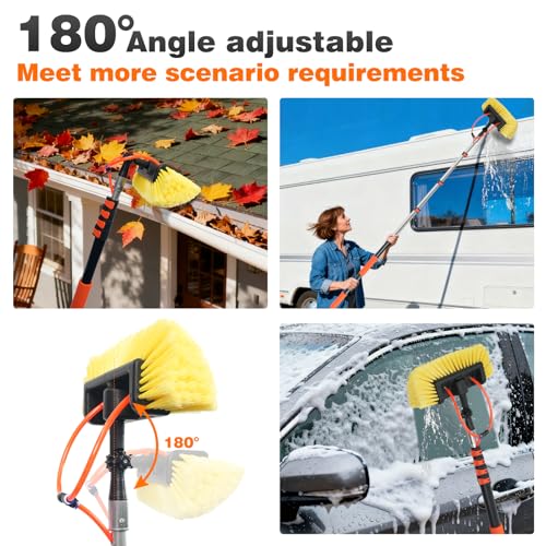 12FT Car Wash Brush with Long Handle, Car Cleaning Brush with 12"Soft Bristle and Hard Bristle, 3-12FT Telescopic Pole with Hose Attachment for Scratch-Free Cleaning Truck,RV,Boat,Siding,Solar Panels - color: 12ft-orange-2