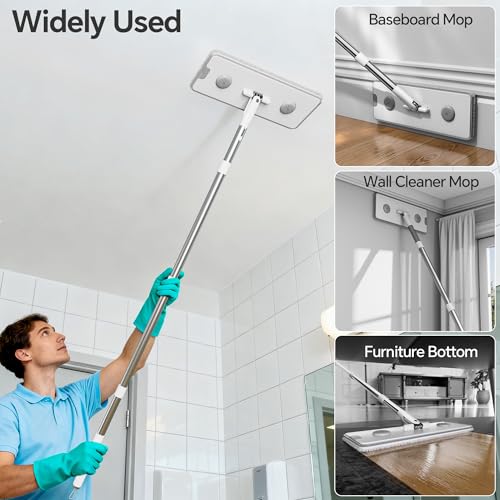 CTIME Large Mop and Bucket Set, Flat Mop and Bucket System, Wall Mop with Adjustable Handle (Max 70.87 Inches), Mops for Floor Cleaning, 6 Washable 15.74'' Microfiber Mop Pads
