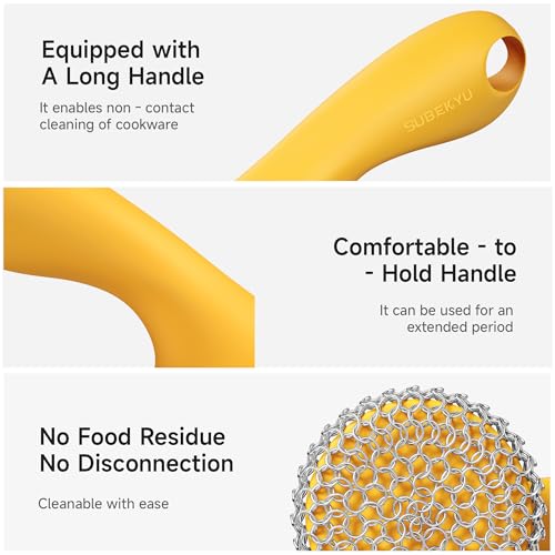 SUBEKYU Cast Iron Scrubber with Silicone Handle, Stainless Steel Skillet Cleaner for Cast Iron Pans (Yellow) - color: Yellow