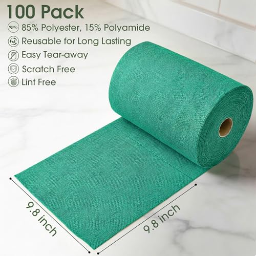 Microfiber Cleaning Cloth Roll–100 Pack, Tear Away Microfiber Towels, Reusable, Washable, Scratch-Free, Kitchen Towels for Car, Home, Kitchen, Glass, Dishes (Malachite Green) - color: Malachite Green