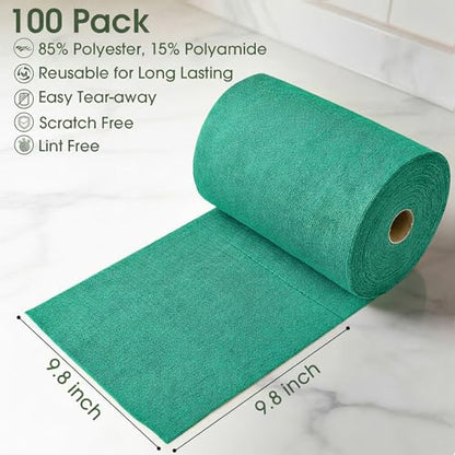 Microfiber Cleaning Cloth Roll–100 Pack, Tear Away Microfiber Towels, Reusable, Washable, Scratch-Free, Kitchen Towels for Car, Home, Kitchen, Glass, Dishes (Malachite Green) - color: Malachite Green