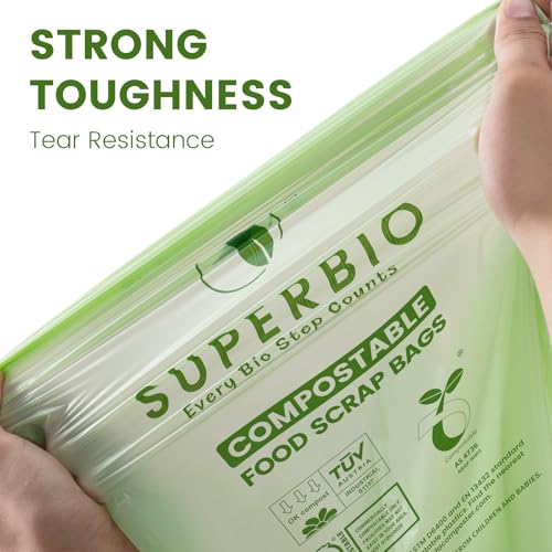 SUPERBIO 2.6 Gallon Compostable Bags with Handles, 100 Count,1 Pack, Food Scrap Bags Certified by BPI and OK compost INDUSTRIAL, 9.84L - color: 2.6 Gallon with Handles, 100 Count