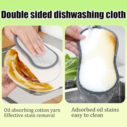 Cleaning Sponges, Multipurpose Heavy Duty Scrub Sponges, Double-Sided Sponge with Silver Stainless Steel and Multi-Layer Fiber, Kitchen Sponges for Cleaning Around The Home, Bathroom & More (5)