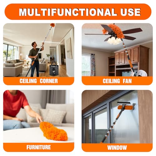 SISUPASSIE 30FT Reach High Ceiling Duster Kit, Window Cleaning kit with 5-24FT Extension Pole, Fan Duster for Ceiling Fan Blades, Microfiber Feather Duster, Window Squeegee, Bucket and Cobweb Duster - size: 24FT