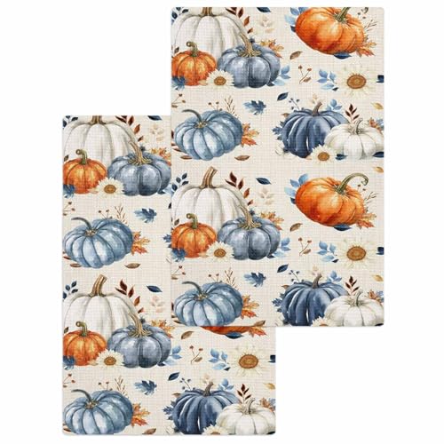 Fall Blue Orange Pumpkin Hand Towels Set,Waffle Weave Kitchen Towels 2 Pieces,Autumn Thanksgiving Retro Leaf Microfiber Hair Face Bath Tea Towel Absorbent Quick Drying Cleaning Dish Cloths,15.7"x23.6" - color: Blue Biscotti Beige, size: 2PCS,15.7"x23.6"