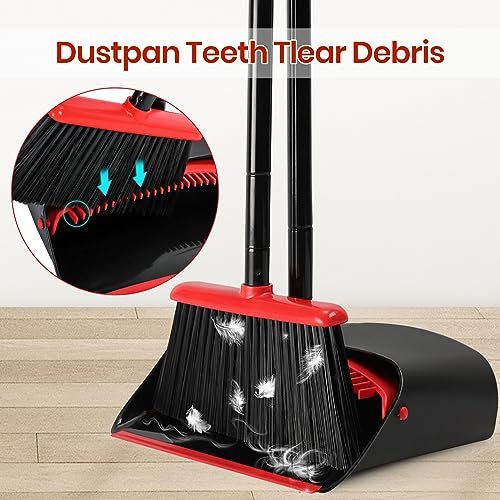 TreeLen Dust Pan and Broom/Dustpan Cleans Broom Combo with 52" Long Handle for Home Kitchen Room Office Lobby Floor Use Upright Stand Up Broom and Dustpan Set - Black/Red - color: Red/Black