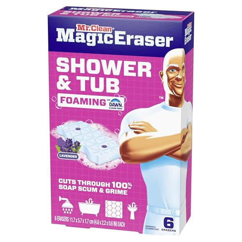 Mr. Clean Magic Eraser Sponge, Bathroom, Shower, Tub Cleaner, Soap Scum Remover, Bathroom Cleaning Supplies, Dawn Cleaning Power with Lavender Scent, Shower & Tub, 6ct - size: 1 Count (Pack of 6), style: Upgraded Version