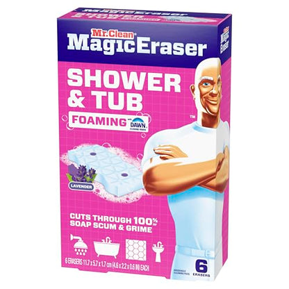 Mr. Clean Magic Eraser Sponge, Bathroom, Shower, Tub Cleaner, Soap Scum Remover, Bathroom Cleaning Supplies, Dawn Cleaning Power with Lavender Scent, Shower & Tub, 6ct - size: 1 Count (Pack of 6), style: Upgraded Version