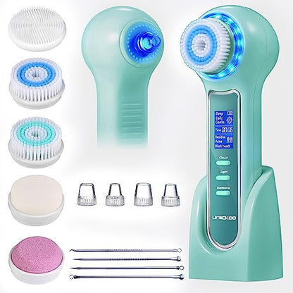 UMICKOO Face Scrubber Exfoliator,Facial Cleansing Brush Waterproof with LCD Screen,Blackhead Remover Vacuum with 5 Brush Heads,Face Spin Brush for Exfoliating (Mint-Green) - color: Mint-green