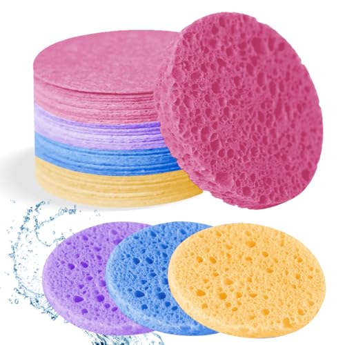 50-Count Facial Sponges Compressed Natural Cellulose Sponge Round Shape Face Sponge for Face Cleansing Exfoliating and Makeup Removal, Mixed Color - color: 50- Pack Mixed
